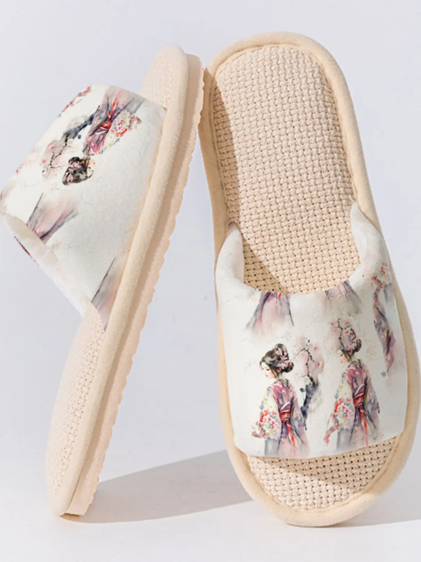 1 Pair Chinese Beauty Linen Slippers - Non-Slip Lightweight Breathable All Seasons Home Shoes for Daily & Guest Use