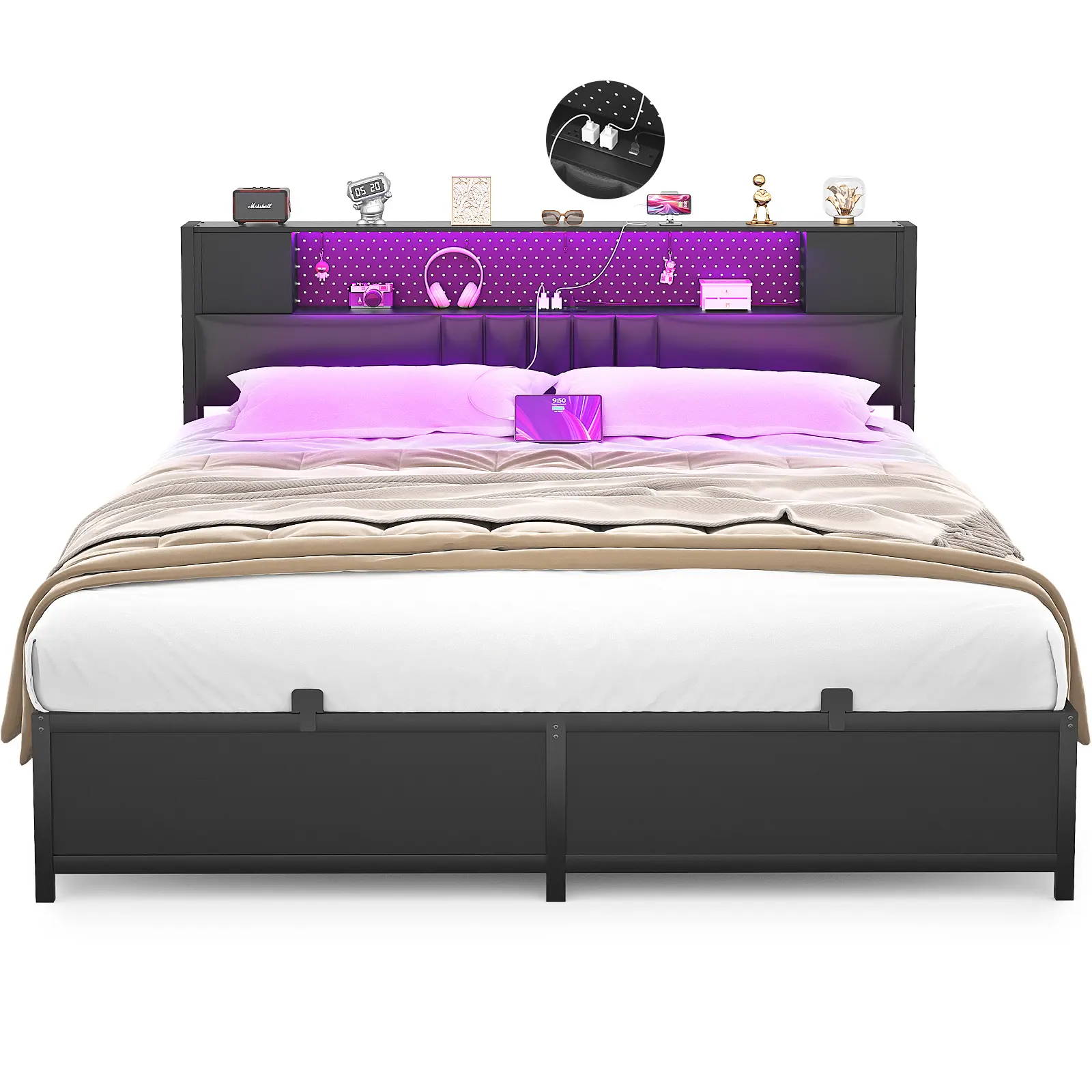 Homieasy Full Size Bed Frame with LED Light & Power Outlet, Platform Bed with Upholstered Headboard and Storage Cabinet, Luxury Cool Bed with Light, New Smart Bed, Sturdy Metal Slat Support, No Box Spring Needed, Noise-Free, Black