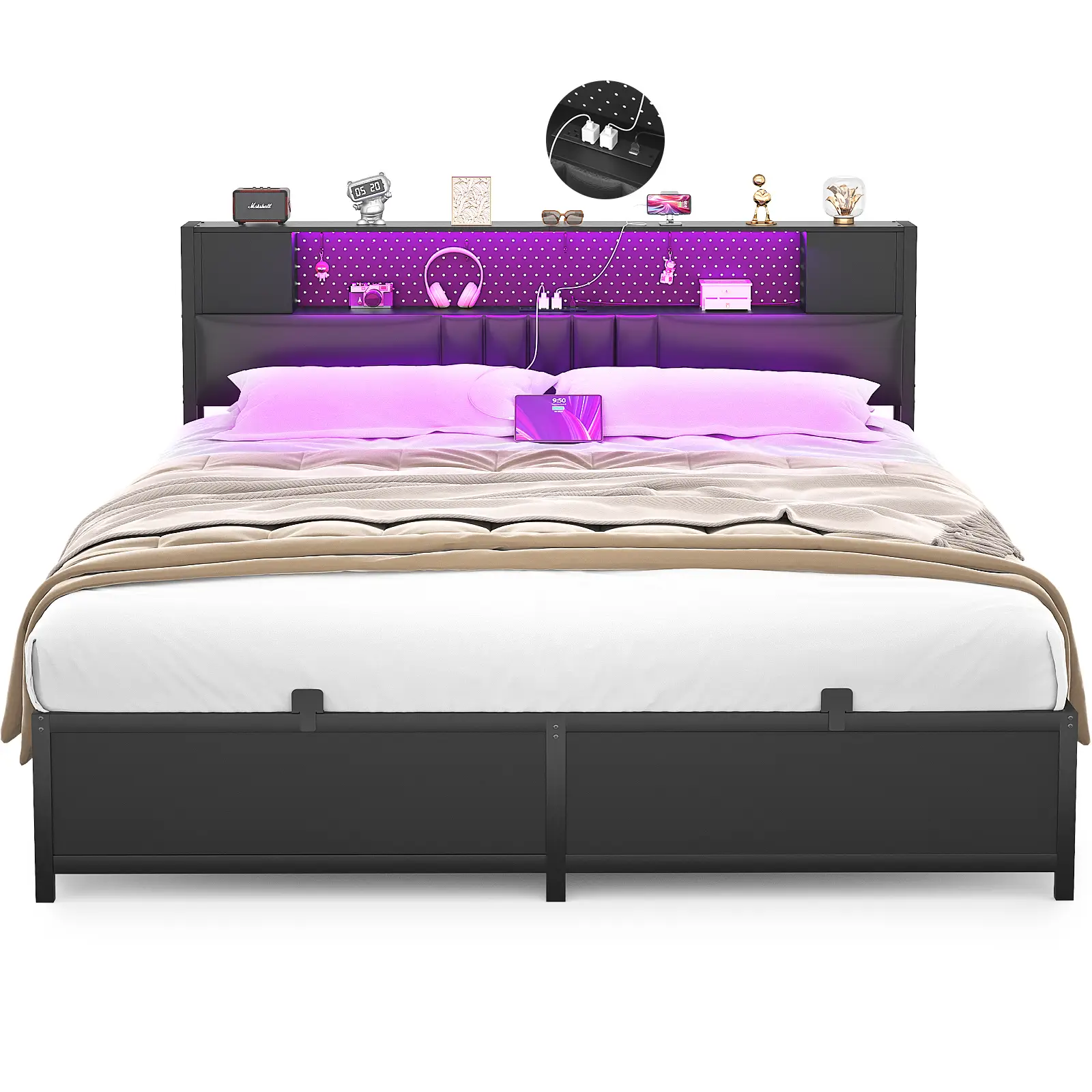 Homieasy Full Size Bed Frame with LED Light & Power Outlet, Platform Bed with Upholstered Headboard and Storage Cabinet, Luxury Cool Bed with Light, N