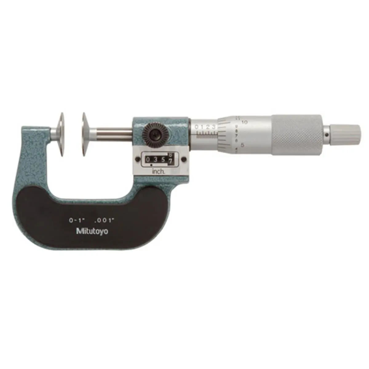 Mitutoyo Mechanical Digital Disk Micrometer - Hand Measuring Tool with 0-1in Range, Quick Reading of Measurements, Carbide Faces, Thermal Shields, Hammertone Baked Enamel, Graduation, Ratchet Stop, ±0.0002 Accuracy for Office, Educational Use, Measuring T