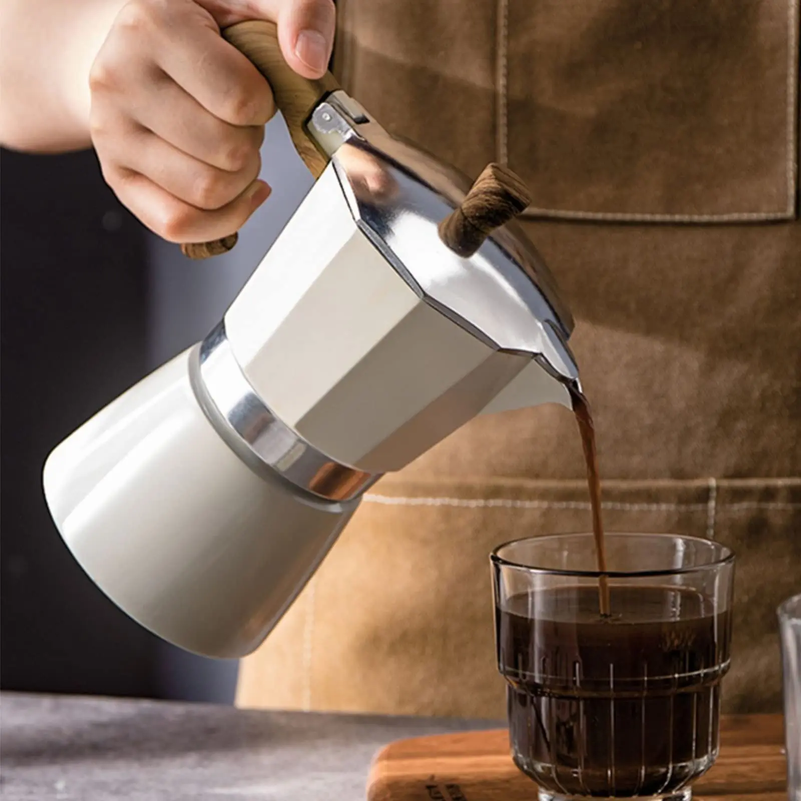 Moka Pot  Stovetop Espresso Maker 6 Cup/10 Oz Italian Coffee Camping Manual Cuban Percolator For Cappuccino Or Latte- White