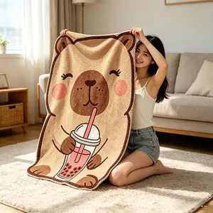 Cute Water Buffalo Pearl Milk Tea Blanket, Soft Warm Sofa Air Conditioning Blanket, Leisure Small Blanket, Modern Print Style