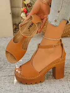 Summer New Cross Strap Chunky Heel Women's High Heeled Sandals, Trendy Sandals, Classic Waterproof Thick Sole Roman Shoes, Round Toe Medium Width