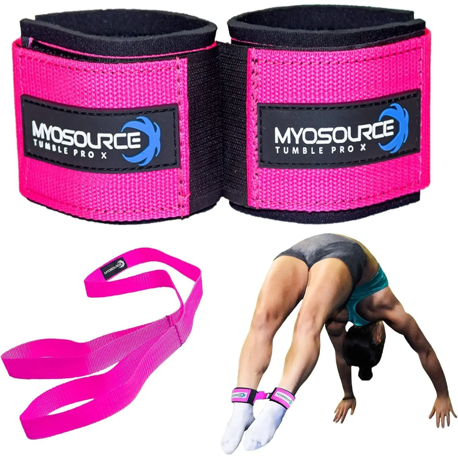 Myosource Kinetic Bands Tumble Pro X Ankle Straps Kit – Cheerleading Standing Tumbling Equipment, Gymnastics Backhandspring Trainer – Includes Flexibility Stunt Stretch Strap – Blue, Pink, Purple
