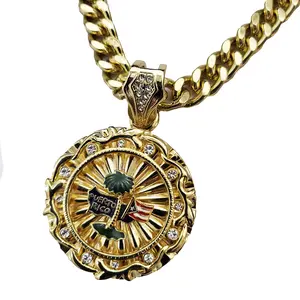 MaxBling81 Unisex Puerto Rico Gold-Plated Large Medal Pendant & 10mm Iced Cuban Link Chain Necklace, Cubic Zirconia Hip Hop Costume Jewelry (16in, 18in, 20in, 24in, 30in Sizes)