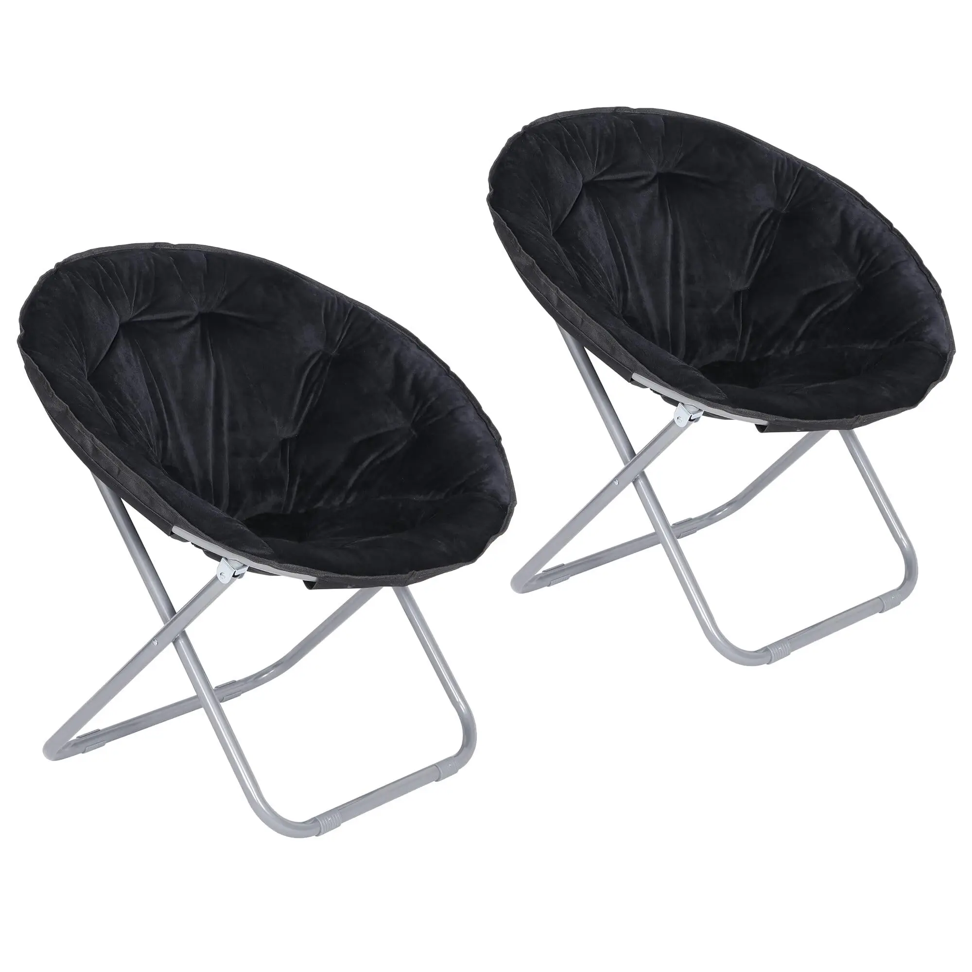 Segawe 2-Piece Armless Moon-Shape Faux Fur Saucer Accent Set - 33"x26"x31", Solid Metal Frame, Locking Legs, Quick Setup, Modern Upholstered, Folding Lounge, Circular/Floor Living Room Furniture, Black, Folding Lounge Chair, Circular Chair Living Room Fur
