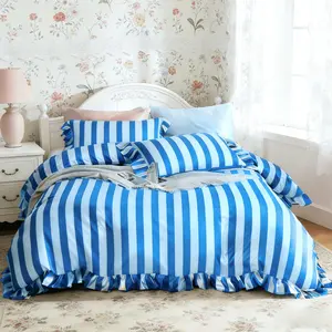 3-Piece Striped Ruffled Bedding Set, Comfortable, Soft Bedding Sets (1 Duvet Cover Without Filler+ 2 Pillowcases Without Filler), Fresh Blue Stripe, Suitable for Single/double Beds
