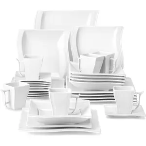 White Dinnerware Sets, 30- Porcelain Plates and Bowls Sets, Modern Dish Set for 6, Square Plates Dinnerware Set Kitchen Dishware Sets, Microwave and Dishwasher Safe, Series Flora