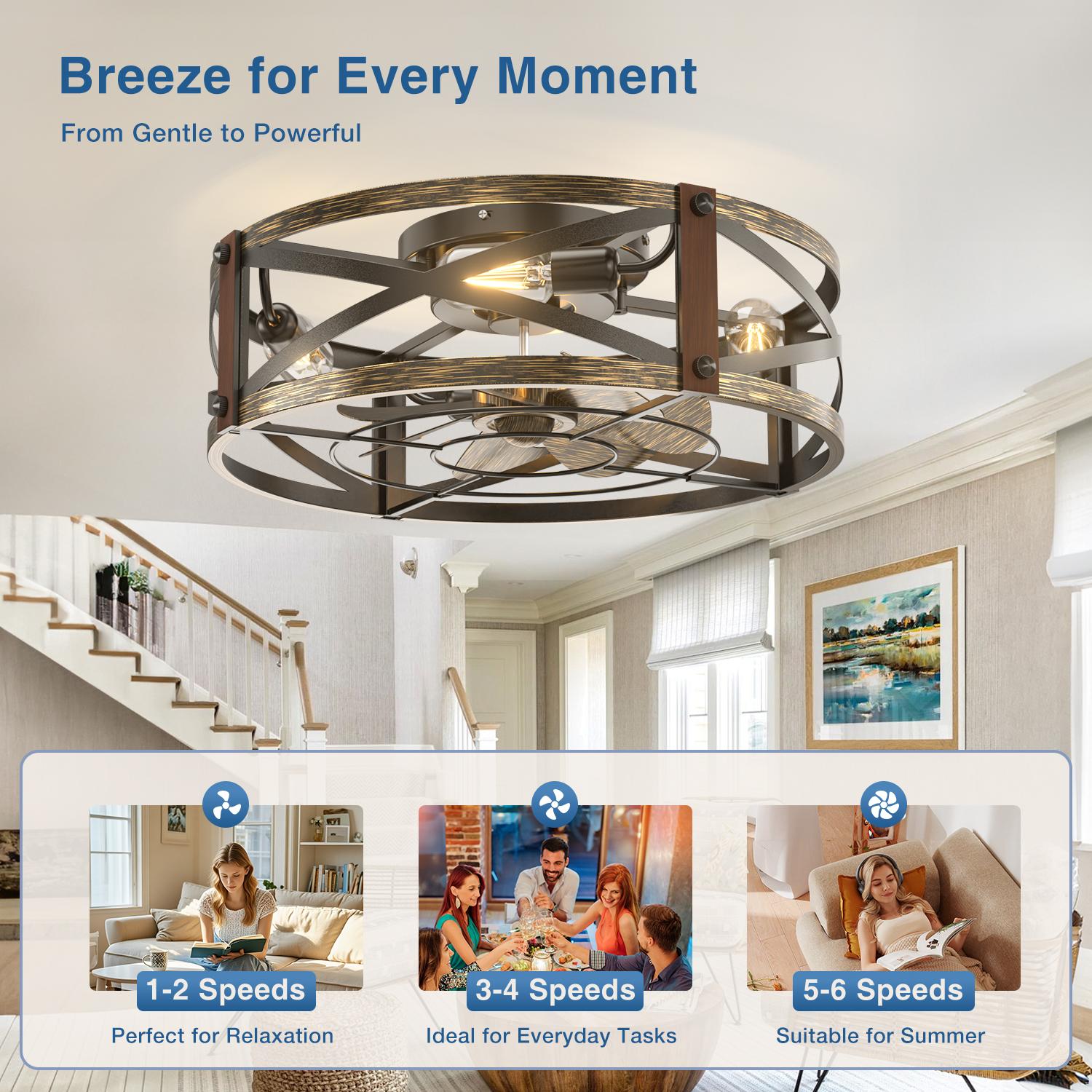 20" Caged Ceiling Fan with Light and Remote, Low Profile Flush Mount Fandelier, Black Bladeless Enclosed Small Fan Lights Ceiling Fixtures, Rustic Farmhouse Style for Bedroom, Outdoor