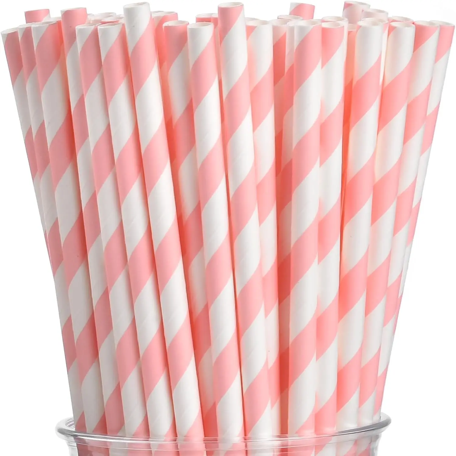 100 Pink and White Striped Paper Straws, Biodegradable Disposable Drinking Straws for Christmas, Brithday,  Year, Party Decoration Supplies