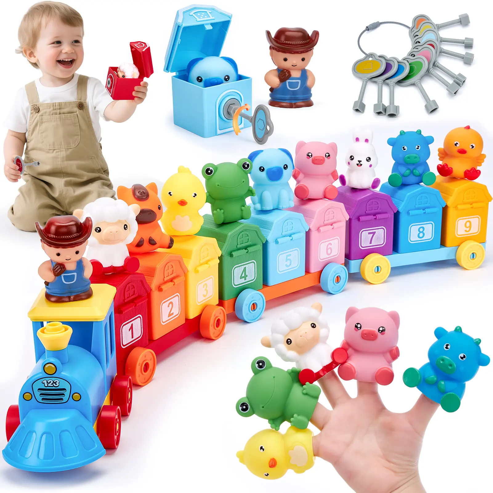 Hahaland Toddler Counting Matching & Sorting Activity Montessori Farm Train Set with Farm Animals Finger Puppets Keys to Lock and Unlock Barn Birthday Gift for Boys Girls 1-3Year Old Busy Board Magnetic Building Blocks