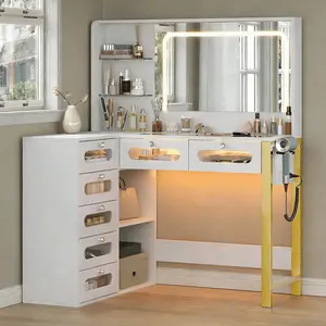 Vanity Desk with Mirror and Lights, 43" Big Modern Vanity Desk, Transparent Top with 2 RGB Drawers, Power Outlet & Stool, Modern Ample Storage Dressing Table