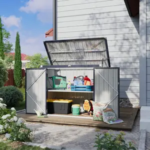 Aoxun Metal Outdoor Trash Can Storage Shed, Waterproof Garbage Bin Organizer with Chain Lid Enclosure for 2 Bins, Double-Compartment Dual Wet/Dry Waterproof Outdoor Dustbins for Garden Tools & Toys, Black, Double-Compartment Outdoor Dustbins