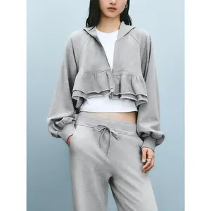 URBAN REVIVO 2026 Women's Casual Fitted Longsleeve Basic Coat - Polyester-Cotton Fabric, Ruffled Hem, Short Layered Top, Coats