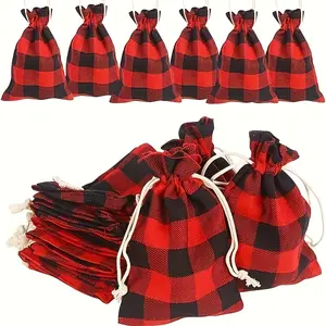 Guopei02 24pcs, Buffalo Plaid Christmas Drawstring Bags Small Plaid Burlap Bags Reusable Christmas Burlap Drawstring Candy Bags For Xmas Wedding Holiday Party Favors, Navidad, Christmas Decorations, Christmas Party Favors, Weird Stuff