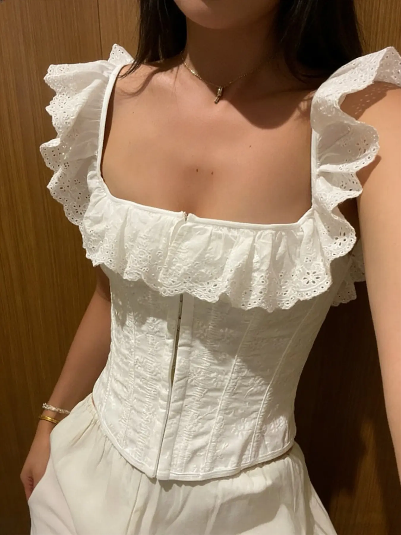 Women's White Eyelet Ruffle Sleeveless Crop Corset Top - Front Hook & Eye, Back Lace-Up Bustier, Viral Chic Cottagecore Date Outfit, 26 outfits for Women, Womenswear, Eyelet Cropped Tank Top