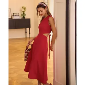 Rihoas Lady's High-Waisted Red Polyester Fabric Sleeveless Round Neck Cutout Casual Midi Dress, Women's Casual Clothes