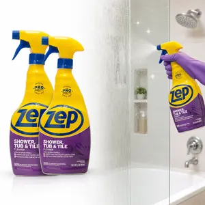 ZEP 32 oz Shower Tub and Tile Cleaner, acid-based no-scrub bathroom spray, dissolves soap scum, hard water stains, rust, calcium, limescale, dirt, tubs, showers, sinks, faucets, ceramic tile, grout, acrylic, fiberglass, porcelain, laminate, Corian, chrome