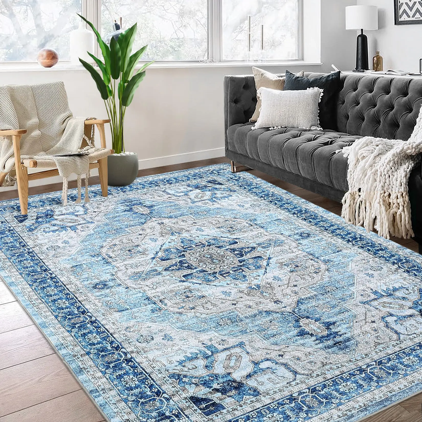 GARVEE Washable Rug 8x10 - Non-Slip Ultra-Thin Collection Area Rug, Stain Resistant Rugs for Living Room Bedroom Distressed Vintage Rug Blue