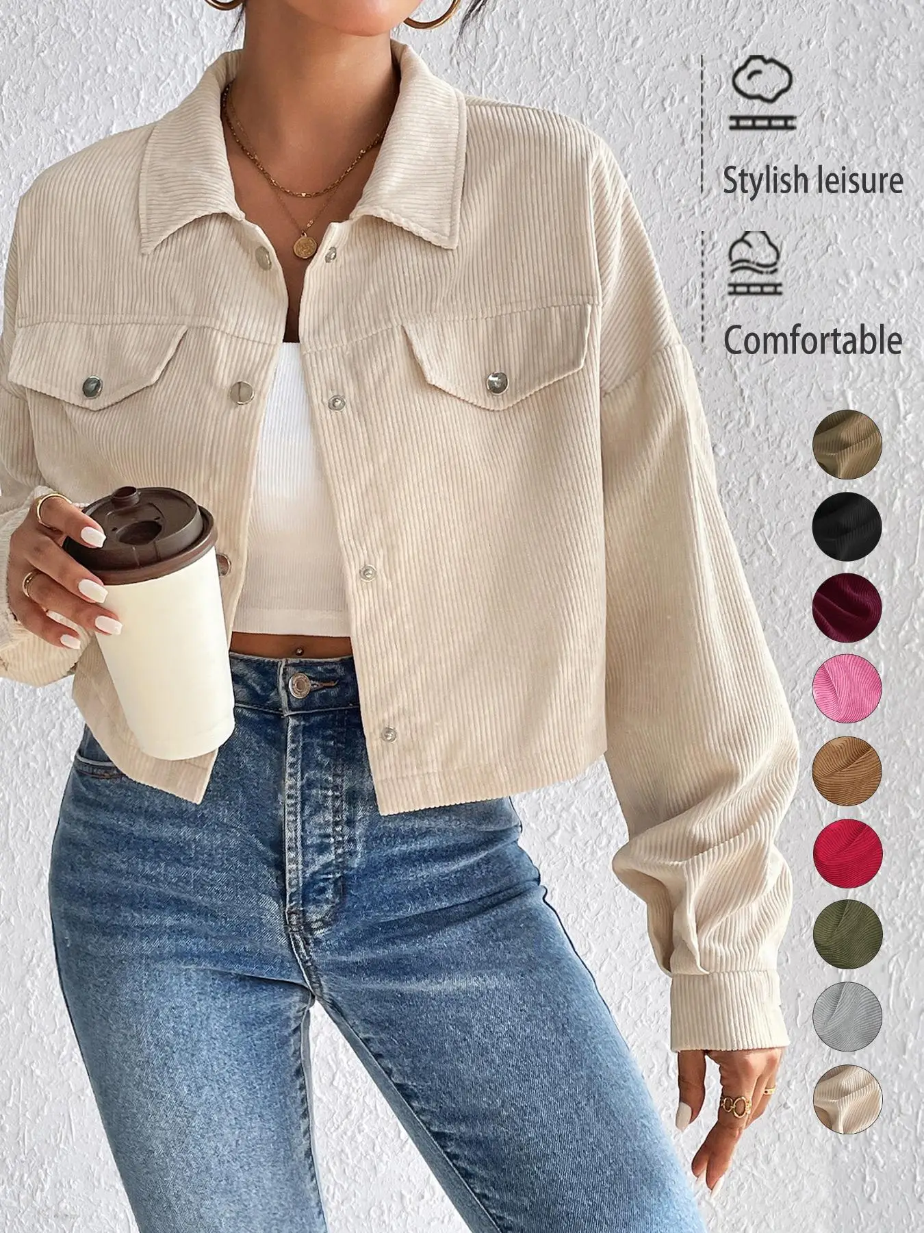 Women's Plain Button Front Drop Shoulder Jacket, Casual Pocket Design Long Sleeve Corduroy Jacket for Fall & Winter