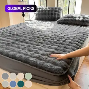 Faux Rabbit Fur Fitted Sheet Set, Ultra-Soft Warm Solid Color Bedding, Soft Breathable Sheet, 3-Piece Sheet Set with 1 Fitted Sheet & 1/2 Pillowcases, All-Season Cozy Bedding for Bedroom, Dorm & Sofa, Fluffy Plush, Bedding Supplies