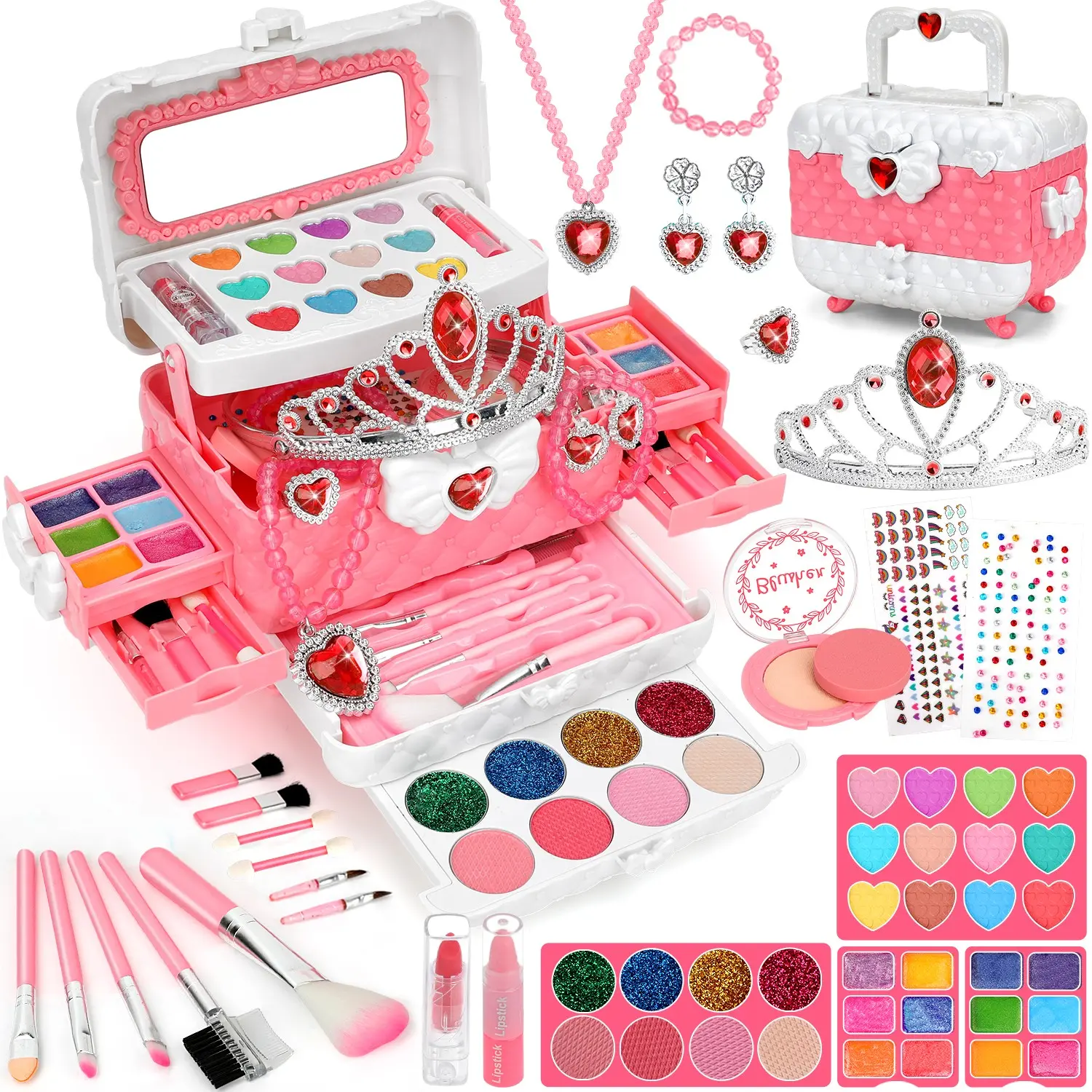56 Pcs Kids Makeup & Jewelry Kit Playset for Girls, Non-Toxic Washable Real Makeup Set with Princess Crown Necklace Rings, Beauty Roleplay Pretend Play Dress Up Toys, Perfect Christmas Birthday Gifts for Girls Ages 3-12 (Pink)