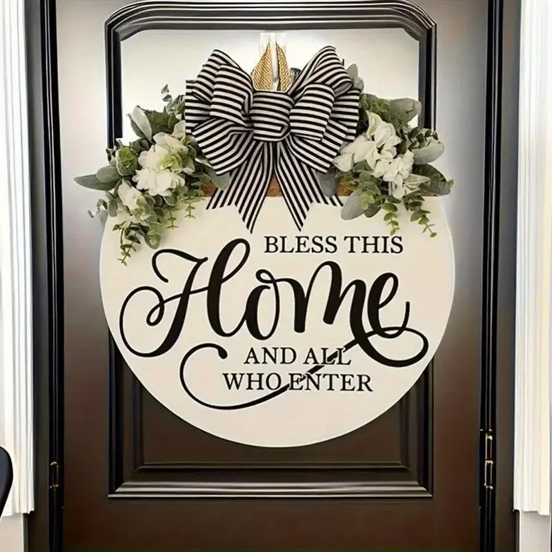 Floral Door Hanger with 'bless This Home' Welcome Sign, Rustic Charm Burlap Bow and Artificial Flowers, All-Season Front Door Decor, Porch Garden Decoration, Door Decoration, Year-Round Door Knocker, Outdoor Decorations
