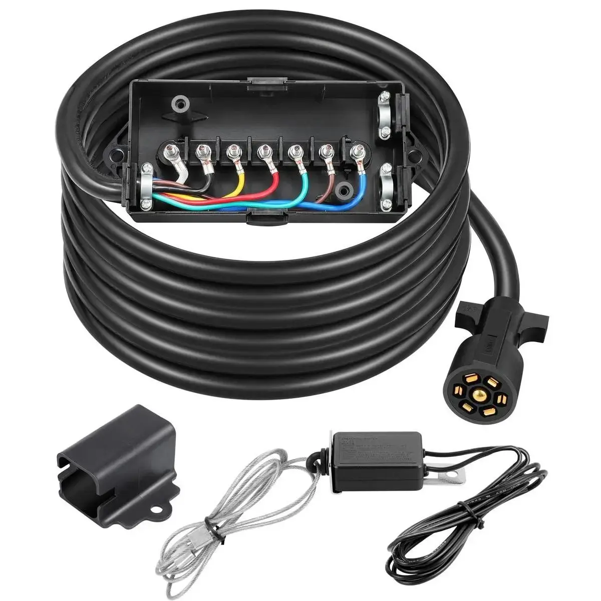 7-Way Trailer Wiring Harness Kit 8-Foot Trailer Wire with 12V Circuit Breaker Switch and Plug Holder, 7-Way Waterproof Junction Box