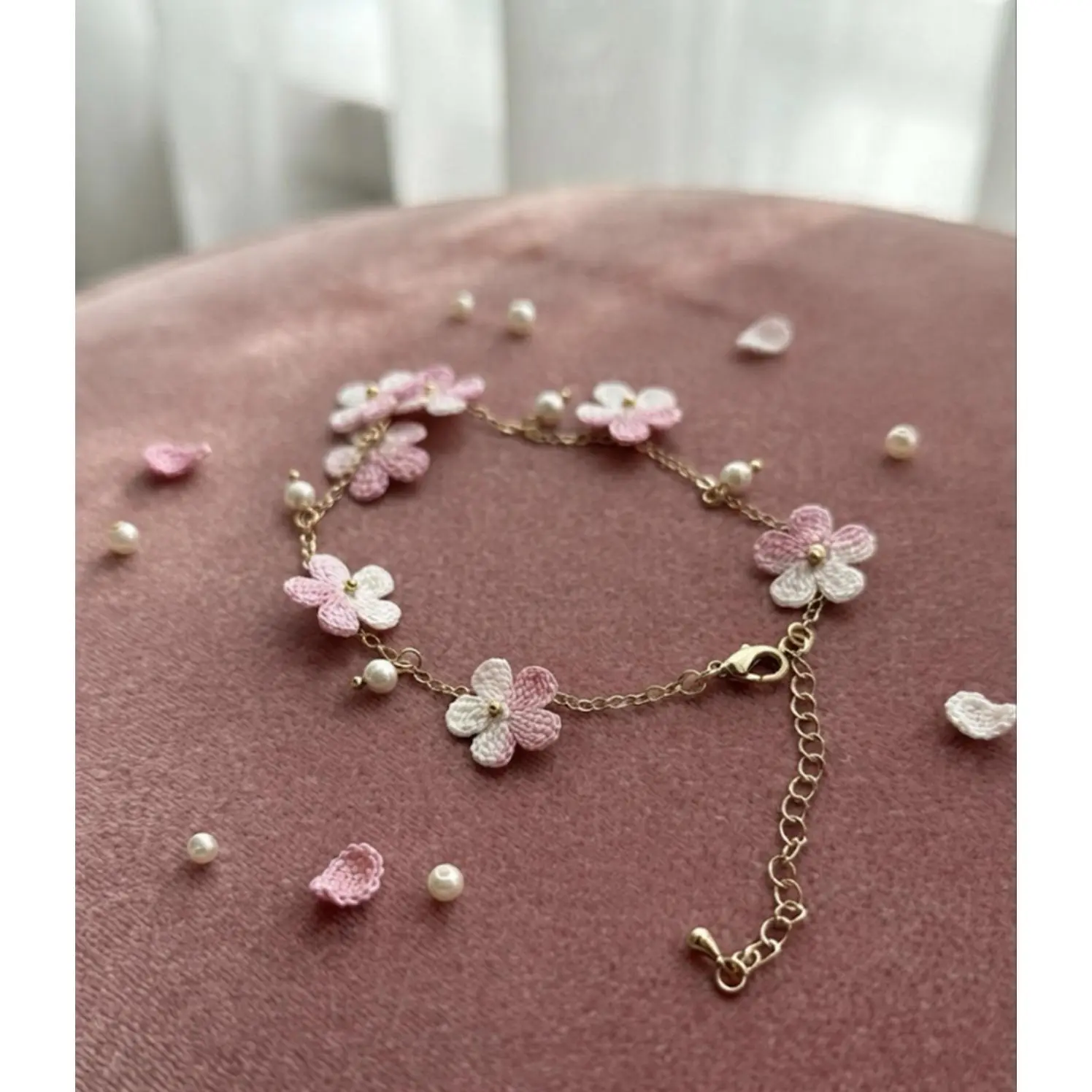 Micro Crochet Pink Flower Bracelet