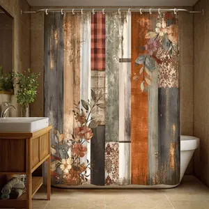 Rustic Farmhouse Shower Curtain with Patchwork Plaid, Mosaic & Floral Design in Earthy Brown/Beige/Gray/White, Bathroom Decor, 12 Hooks Included, Country Style Bath Curtain for Cottage