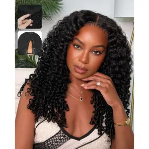 V Part Wig Human Hair Burmese Curly Wig No Leave Out No Sew in 180% Density Upgraded U Part Human Hair Wig with Drawstring Glueless V Shape Clip in Half Wig for Women Natural Black Muaby Hair