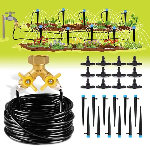 HIRALIY Adjustable Drip Irrigation Kit with 50ft/100ft Scalable Garden Hose, 40 PSI Auto Timer, Watering Attachment, Adjustable Sprinkler, Multi-Function Tap Connector - Easy-Assemble Outdoor Irrigation Sprayer for Patio Lawn (No Plumbing Skills Needed)