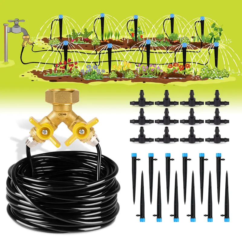 HIRALIY Adjustable Drip Irrigation Kit with 50ft/100ft Scalable Garden Hose, 40 PSI Auto Timer, Watering Attachment, Adjustable Sprinkler, Multi-Function Tap Connector - Easy-Assemble Outdoor Irrigation Sprayer for Patio Lawn (No Plumbing Skills Needed)
