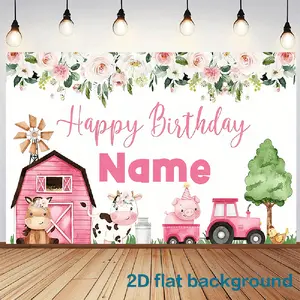 2D flat banner, 1pc Name Text exclusive personalized customization, Happy birthday party background, Pink farm themed birthday with animal and flower decorations, Wedding, Birthday Party, for Family
