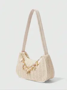 Women's Floral Crochet Beach Bag with Accessories, Fashionable Casual Satchel Shoulder Bag for Summer Use, Plain Pattern Design, Crossbody Purse