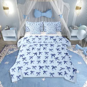Feelyou 7-Piece Kawaii Bow Microfiber Bedding Set - Multi-Size, Baby Blue Ribbon Sheets, Cute Cartoon Dreamy Print, Breathable Soft Blanket