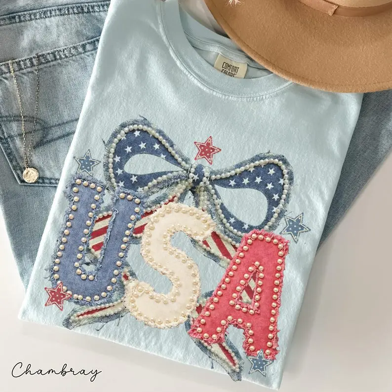 Comfort Colors® USA Coquette Bow Shirt Faux Pearl Patchwork Patriotic Tee Vintage American Flag 4th Of July Independence Day Top