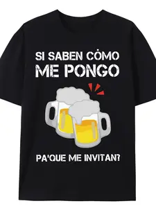 Casual T-Shirt Black Spanish Text Si Saben Cómo Me Pongo Pa'Que Me Invitan with Beer Mugs Graphic for Party and Daily Wear