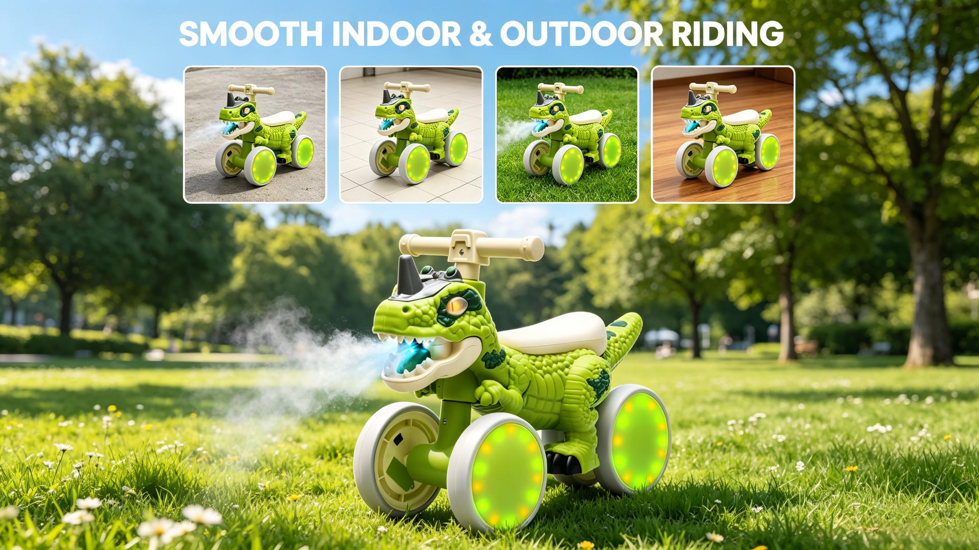 Unisex T-Rex Theme 4-Wheel No-Pedal Toddler Balance Bike (Ages 1-3) - Kids Toys, Toddler Toys with Light-Up Wheels, Spray Function, Sound Effects, Music, EVA Tires, Safety-Enhanced Design