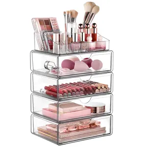 【Live Only】Vtopmart 2 Pack Clear Makeup Organizer with Drawer for Dresser, Counter-top & Bathroom Vanity Cosmetic Storage for Lipstick Brush Skincare Organizing Tools Boxes