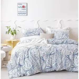 Blue Botanical Duvet Cover   Cotton 3 count Set 1 Tropical Monstera  Patterned Duvet Cover with Zipper Ties 2 Pillowcases Hawaiian Blue White Leaves Print Bedding Set Soft