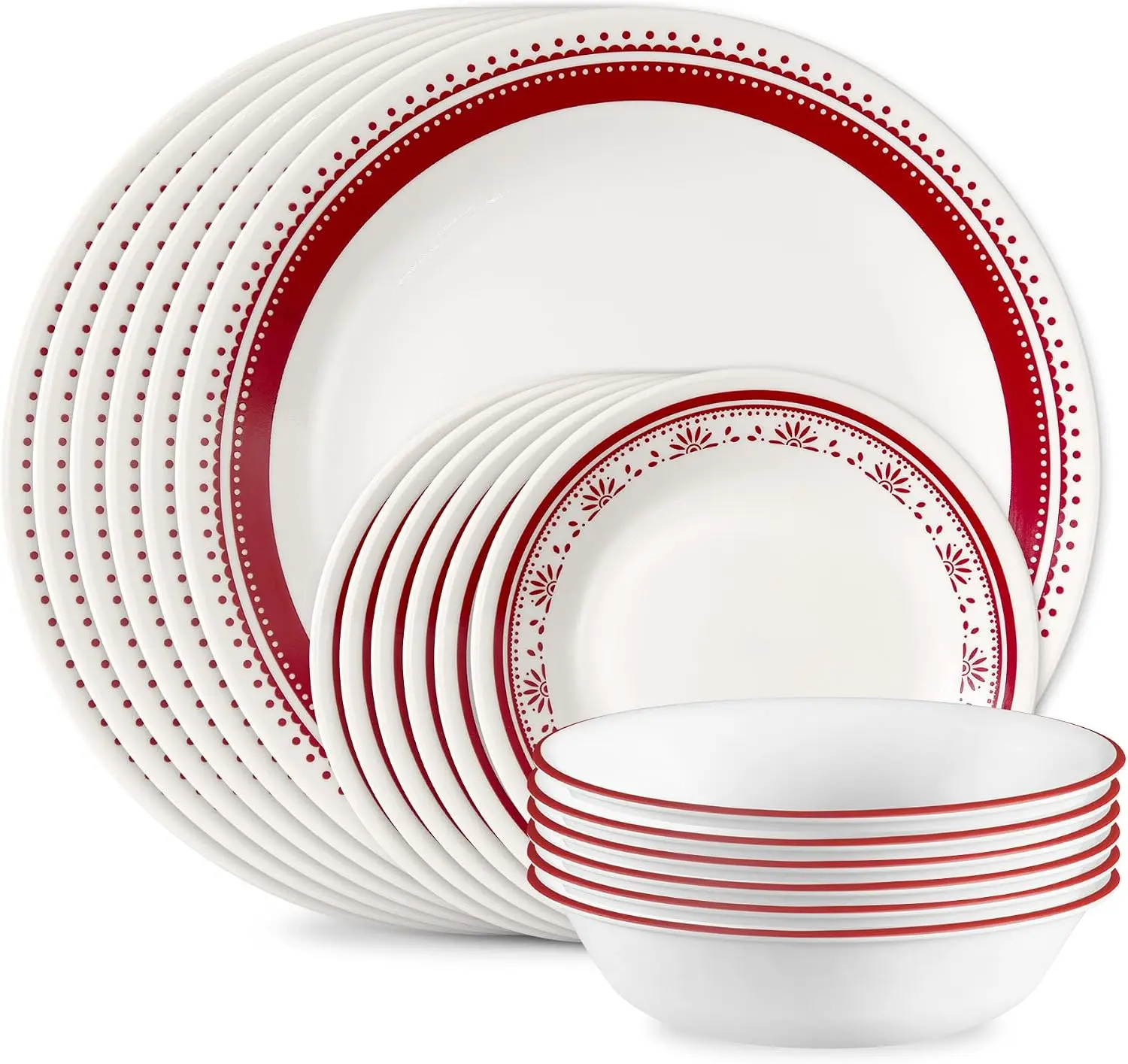Corelle Everyday 18-PC Dinnerware Set Service for 6, Durable and Eco-Friendly, Higher Rim Glass Plate & Bowl Set, Microwave and Dishwasher Safe, Sadie