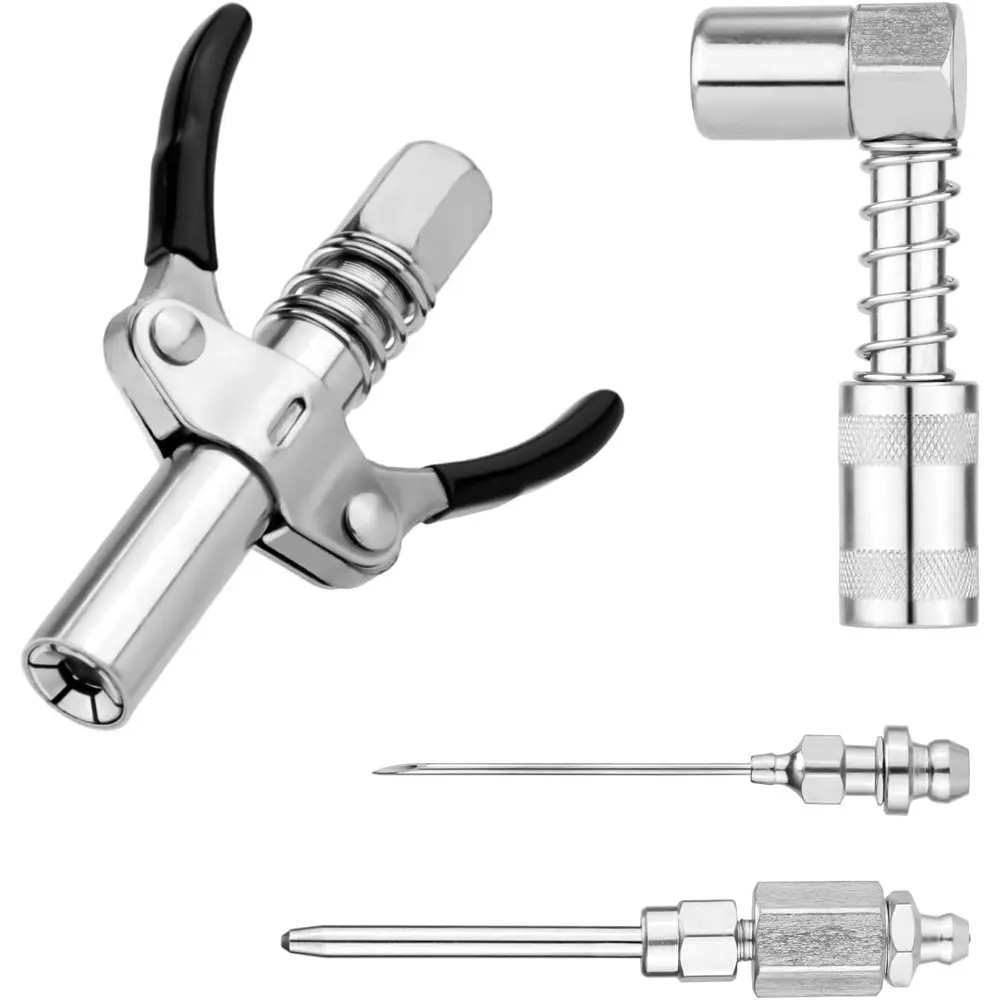 4-Piece Galvanized Carbon Steel Grease Gun Fitting Set - Leak-Free Double-Handle Coupler, 90-Degree Adapter & Needle Tips for 1/8" NPT Automotive & Industrial Machines