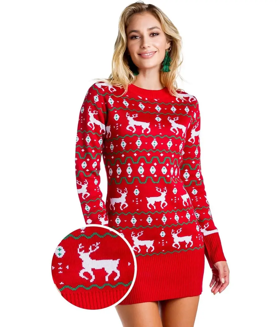 Women's Red Reindeer Sweater Dress Women's Red Reindeer Sweater Dress