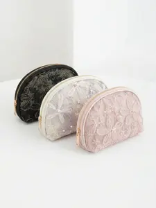 Fashionable floral embroidery makeup bag, holiday leisure beach bag, elegant handbag, zipper portable travel wash bag, portable storage bag, linen patchwork mesh makeup bag, travel essentials, back to school supplies, soft fabric makeup bag set, fashionab