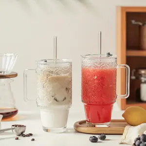 24oz Round Glass Tumbler with Straw & Lid, 1/2 /4/6Counts Elegant Glass Cup with Handle, Reusable & Machine Washable Drinking Cup for Home Office, Ideal for Iced Tea, Juice & Mojitos, Great for Picnics and Parties, Perfect for Gifts, Insulated Straw Cup