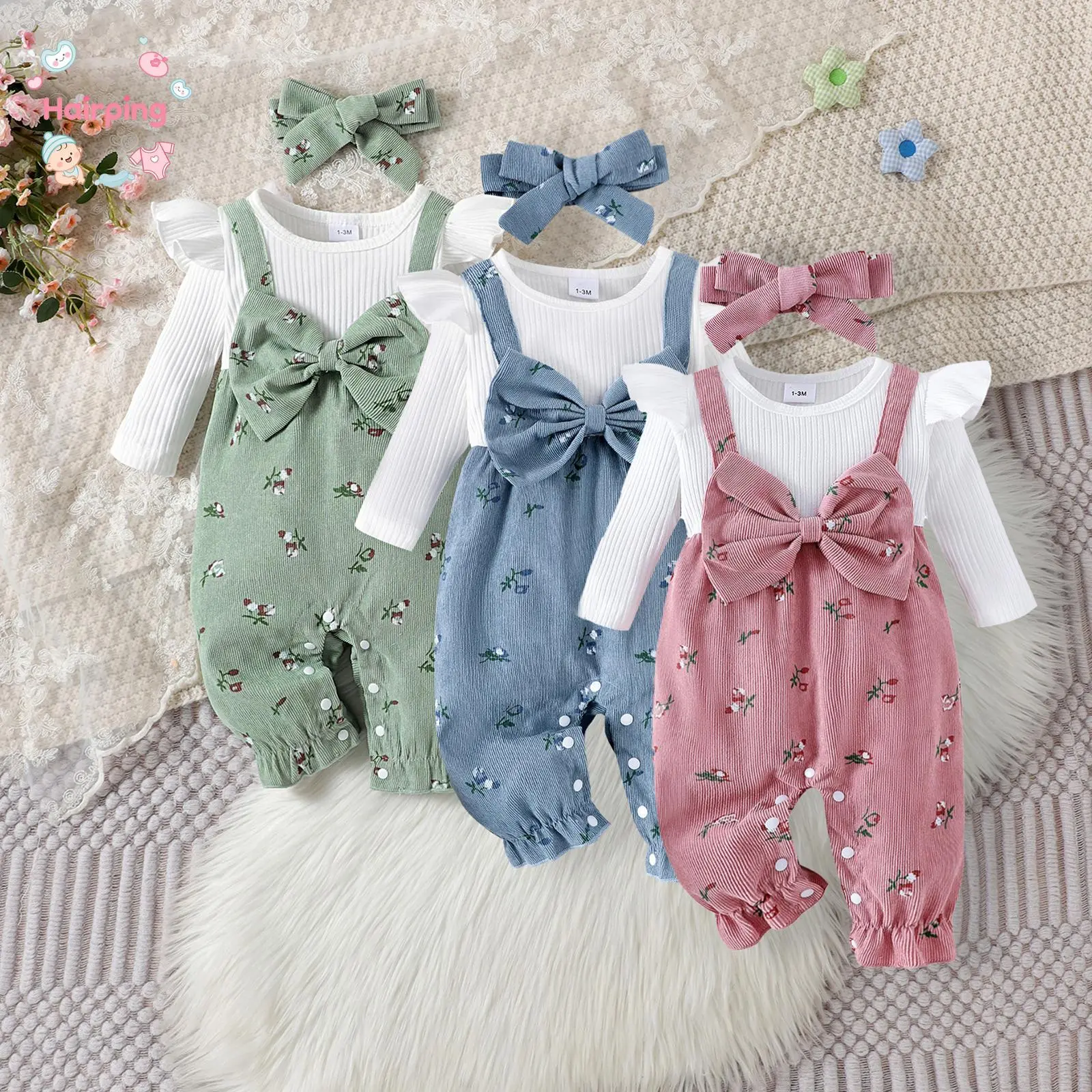 Baby Girl Corduroy Overalls Outfit Set, Long Sleeve Ruffle Top + Floral Suspender Romper with Bow Headband, Fall Winter Cute Newborn Toddler Clothes