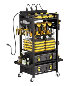 5-Tier Tool Organizer Cart With Built-In Charging Station, Rolling Garage Cart On Wheels For Home Workshop, Mobile Tool Storage Unit With Power Dock, Heavy-Duty Utility Cart For Tools, Chargers, Batteries, Parts, And Accessories