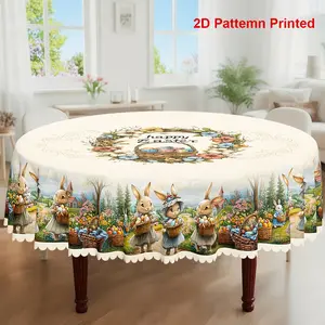 1pc, Easter Themed Party Tablecloth, Spring Summer Flower Basket Rabbit Colored Eggs Floral Country Style Printed Design, Rectangular/Round/Oval Table Cloth, Embossed Edge, Kitchen Dining Outdoor Picnics Dinner Decor Ideal