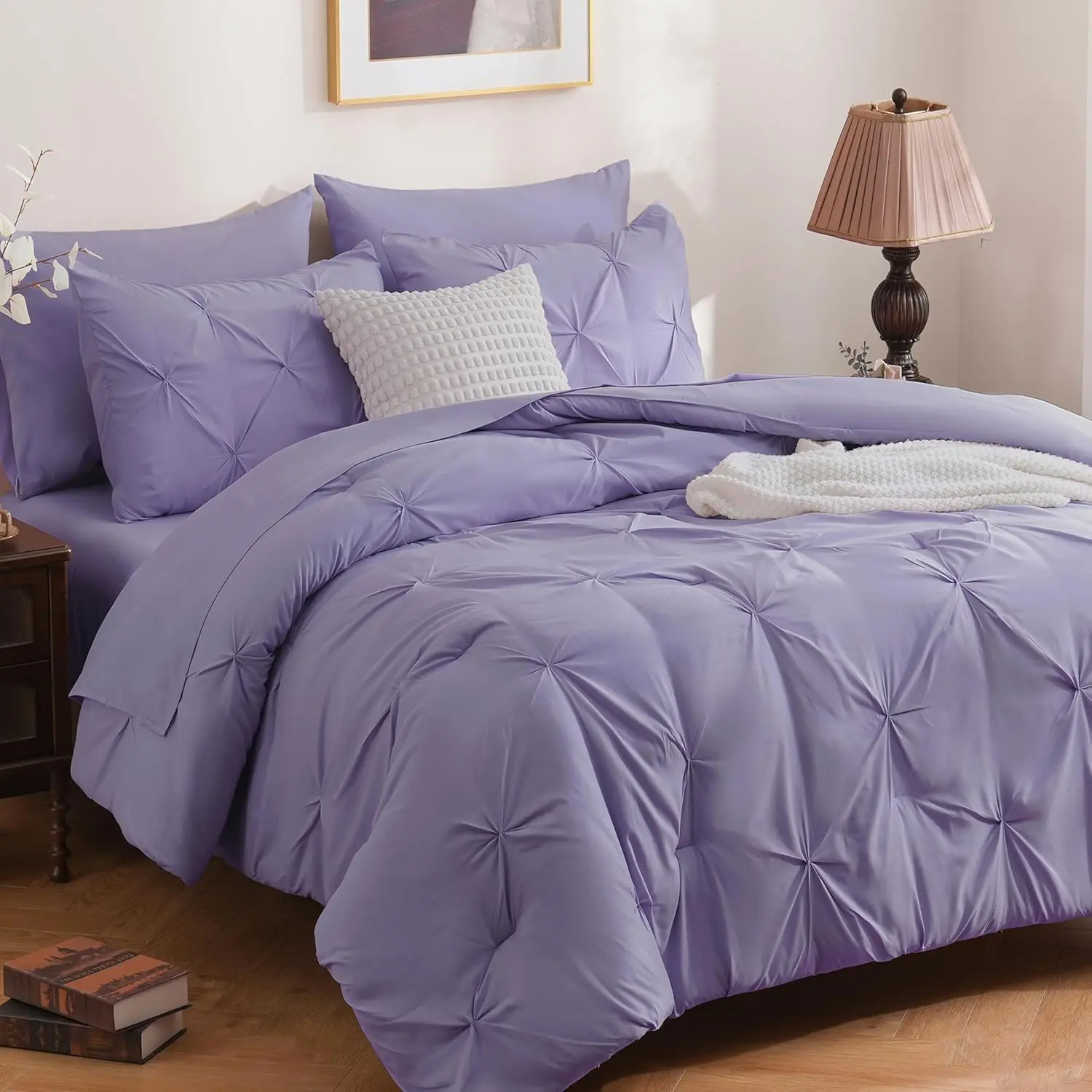 7 count  Size Comforter Set, Pintuck Lavender Purple Bed in A Bag, Pinch Pleat  Size Bed Set, All Season Bedding Sets with Comforter, Flat Sheet, Fitted Sheet, Pillowcases & Shams